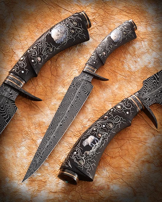 Hand crafted knife with feather Damascus blade by Kevin Casey