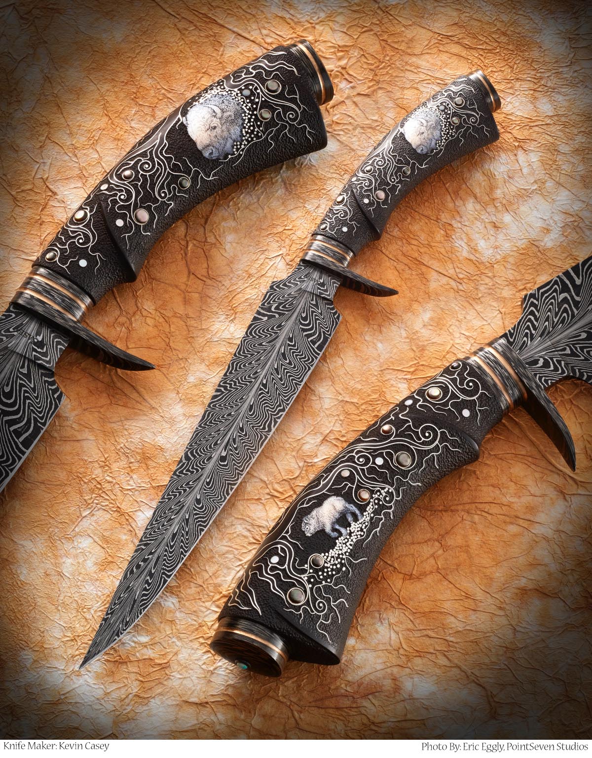 hand-crafted knife with Feather Damascus blade by Kevin Casey