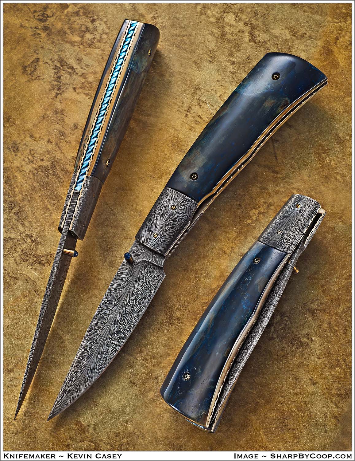 Blue Mammoth Feather Folder - custom knife by Kevin Casey