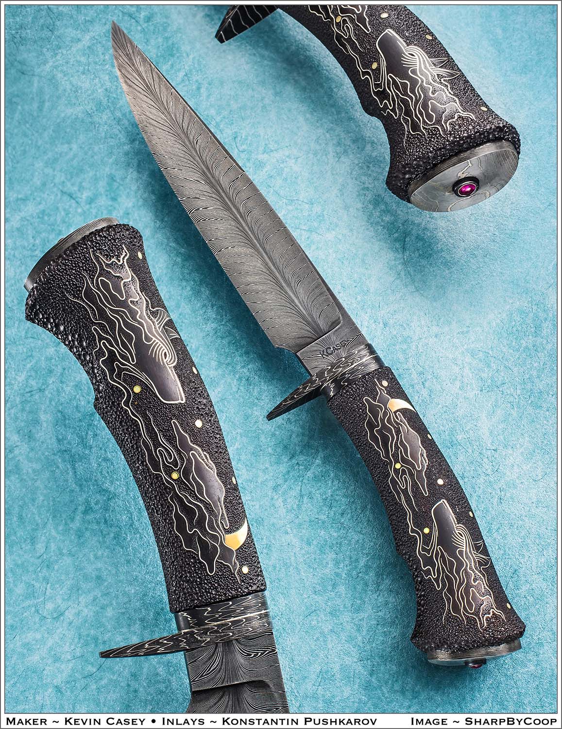 Custom knife with Feather Damascus Blade by Kevin Casey